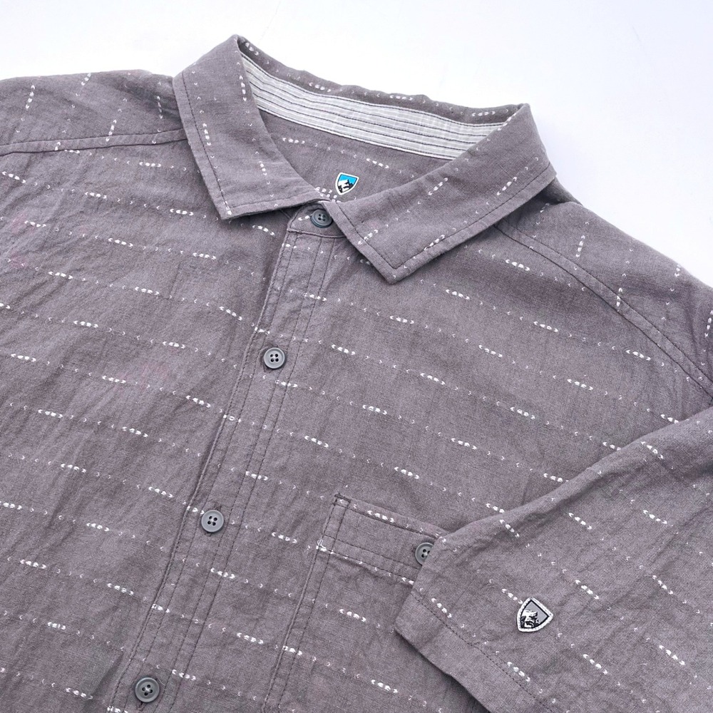 Kuhl Shirt Mens XL Gray Skorpio Linen Blend Short Sleeve Button Hiking Gorpcore